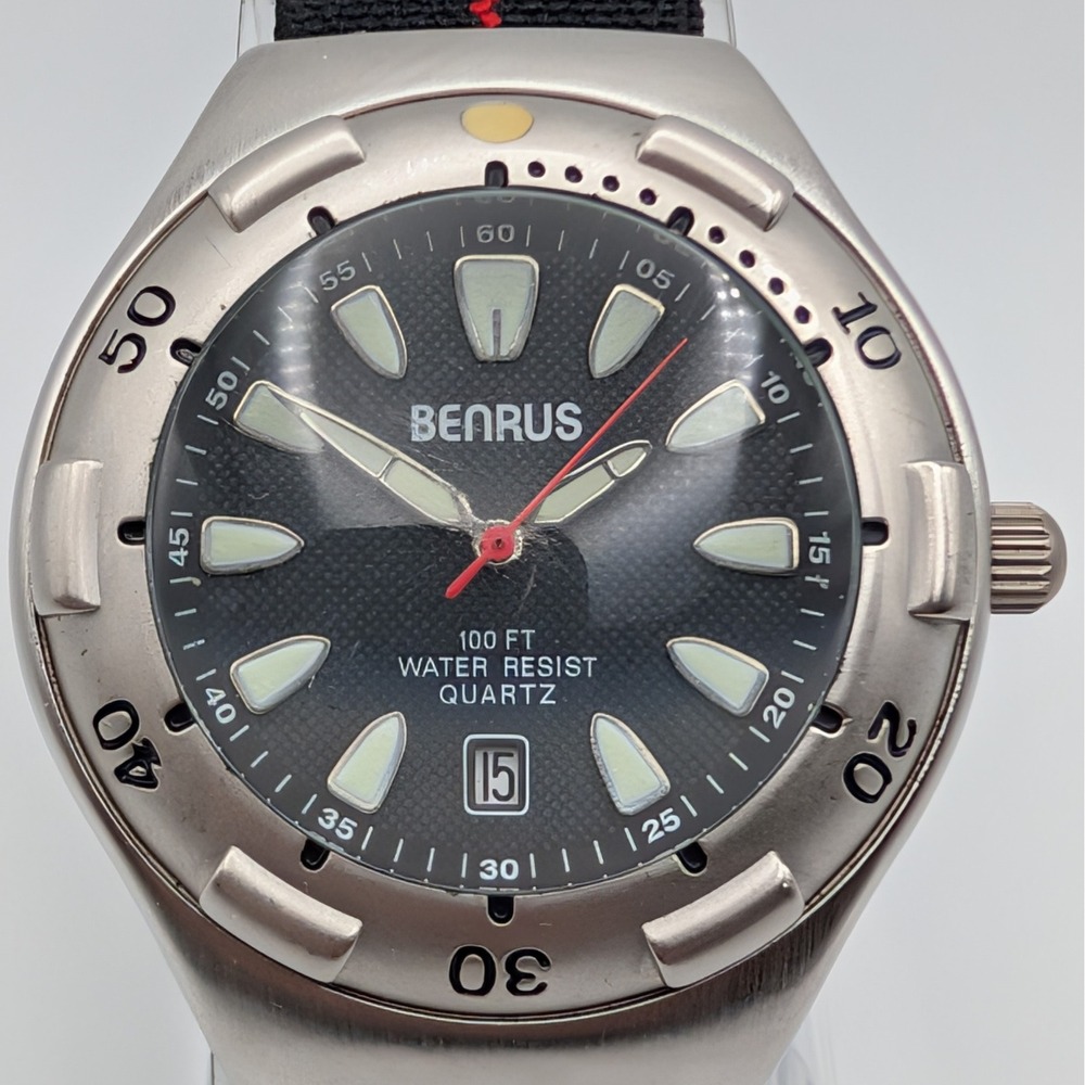 Benrus W1512 Quartz Diver Style Watch Black Dial NATO Strap 43mm Date Lume - Picture 3 of 10